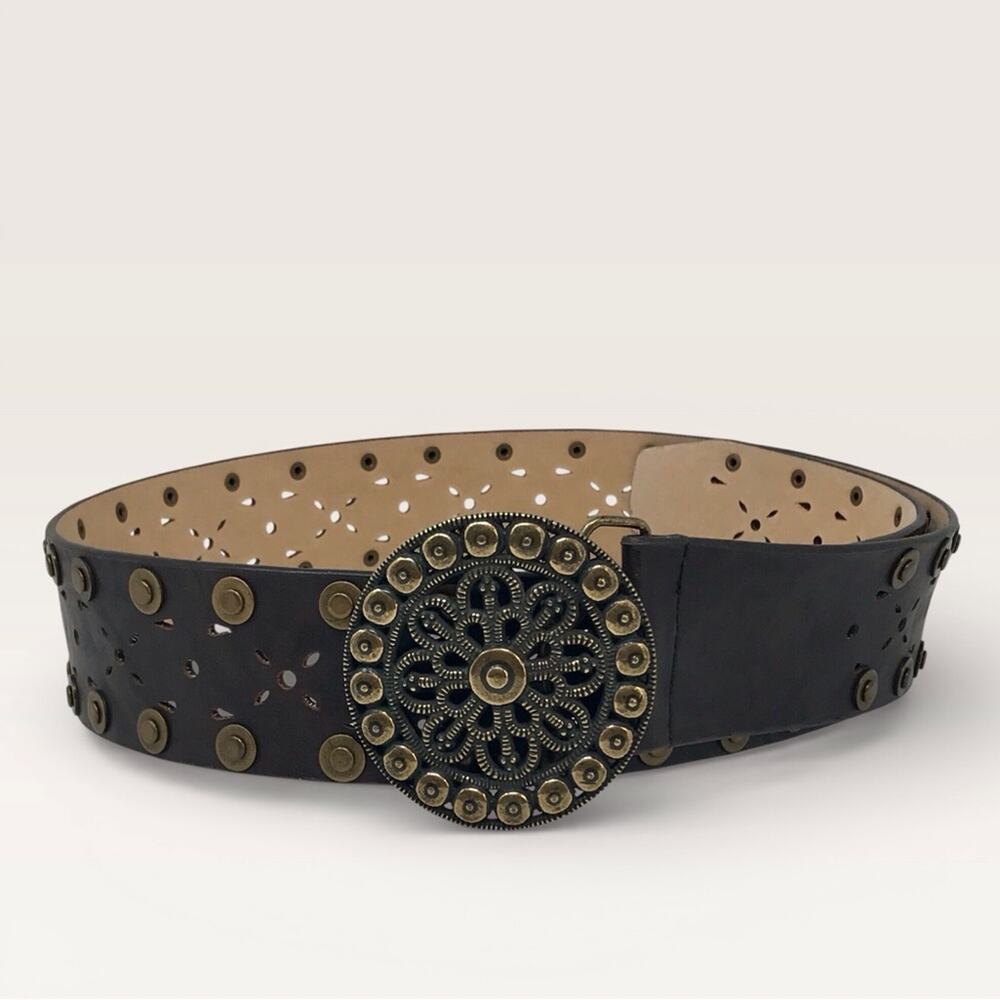 Sonoma Brown Wide Leather Belt Western Style Studded Brass & Cutout Detail